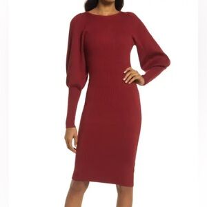 French Connection Joss Knit Midi Sweater Dress fitted balloon sleeves Medium